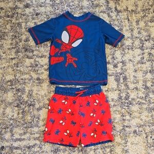 Kids Spider-Man Swim Set - Blue & Red Rash Guard Top with Red Swim Shorts